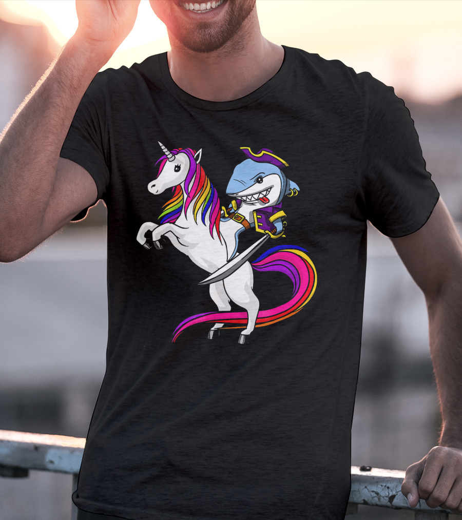 Shark Pirate Riding Rainbow Unicorn Magical Adventure T-Shirt