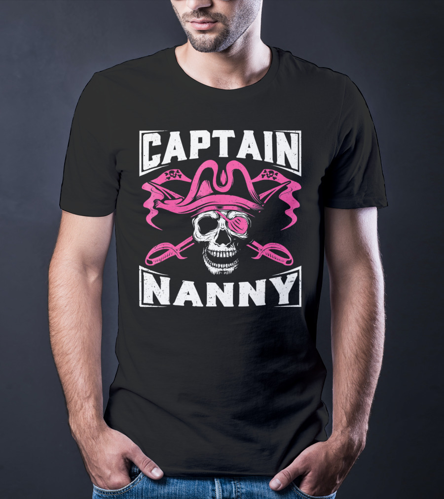 Captain Nanny Skull Pink Pirate Hat Crossed Swords T-Shirt