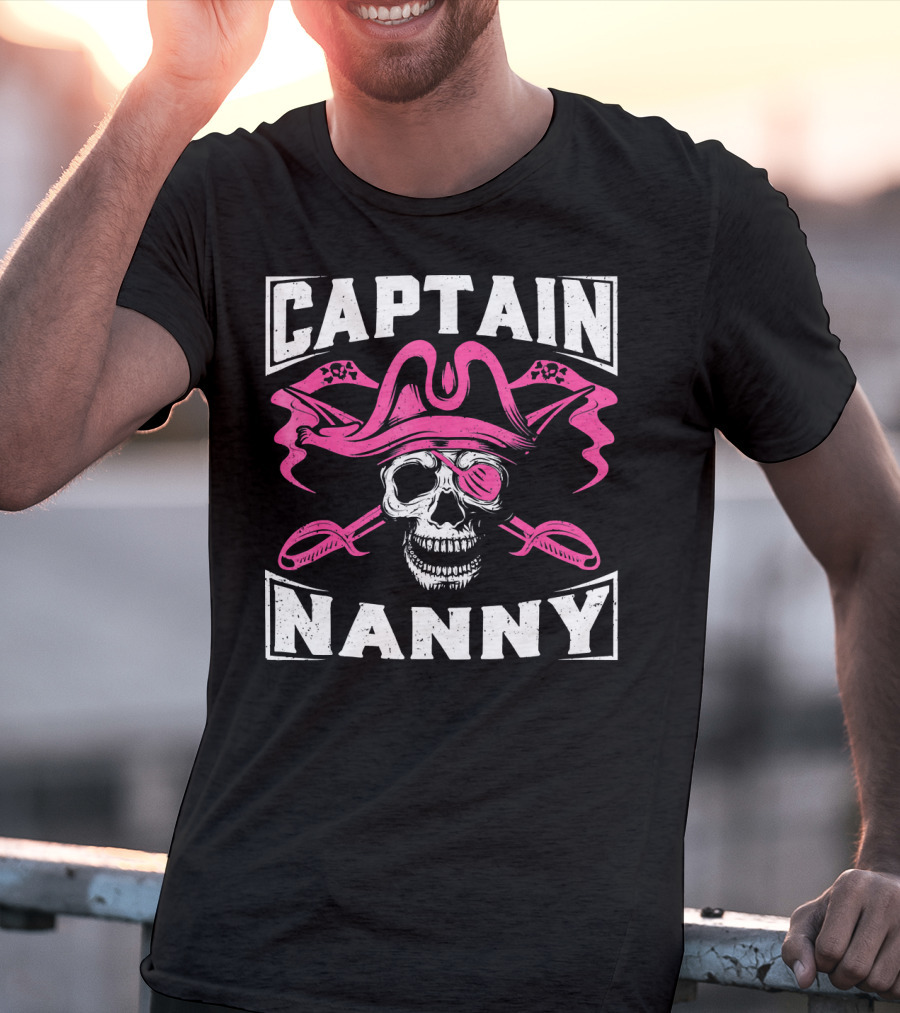 Captain Nanny Skull Pink Pirate Hat Crossed Swords T-Shirt