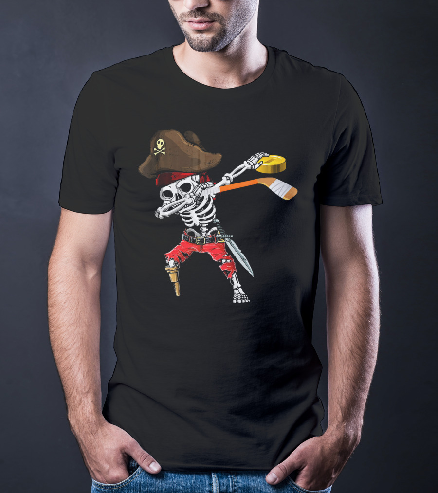 Dabbing Skeleton Jolly Roger Pirate Hockey Stick Ice T-Shirt