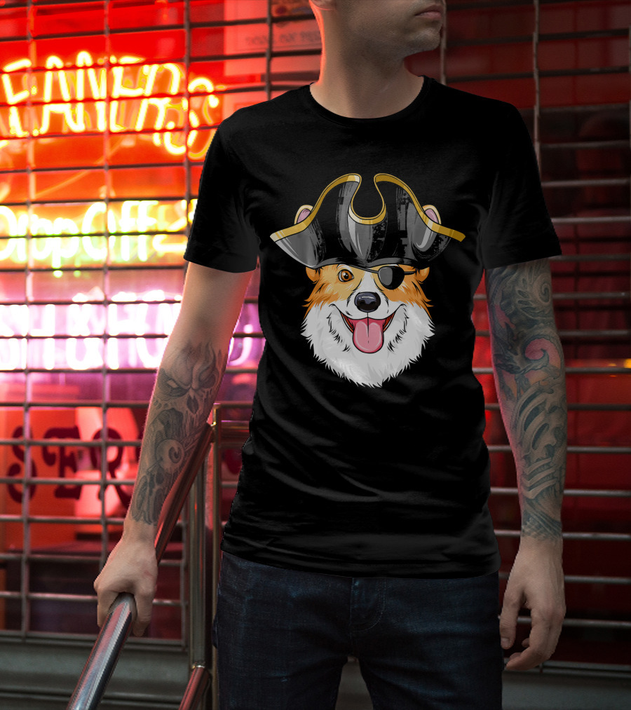 Pirate Corgi Wearing Black Tricorn Hat And Eye Patch T-Shirt