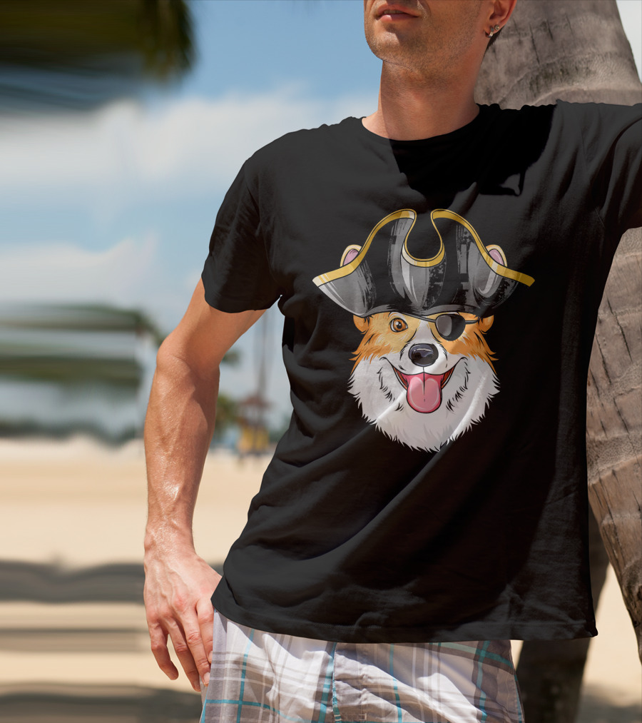 Pirate Corgi Wearing Black Tricorn Hat And Eye Patch T-Shirt