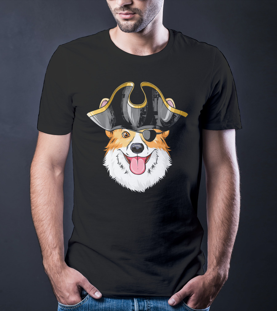 Pirate Corgi Wearing Black Tricorn Hat And Eye Patch T-Shirt