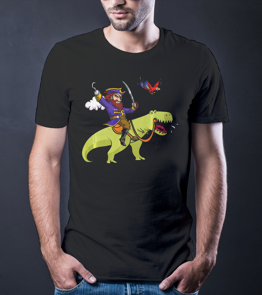 Pirate Sailor Rides T-Rex Dinosaur With Parrot T-Shirt