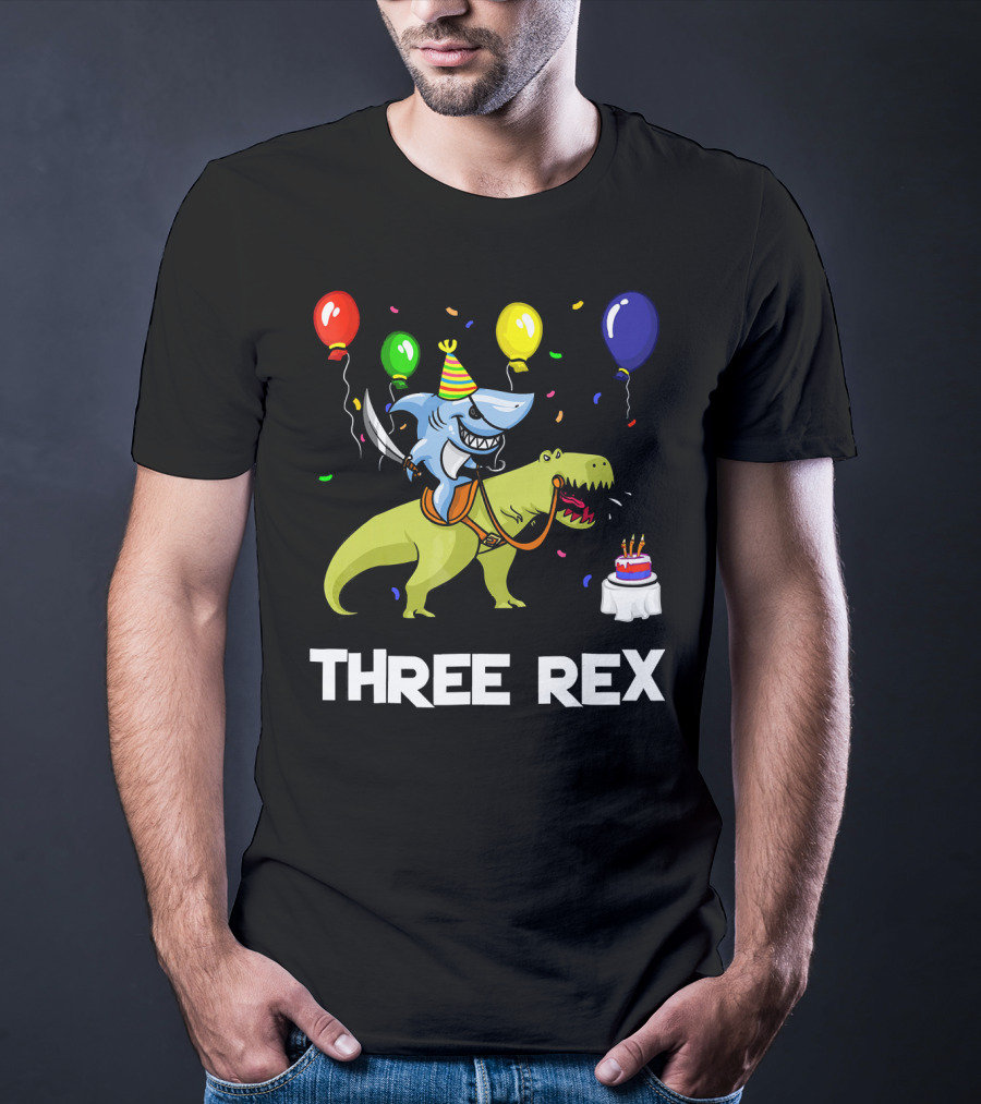 Three Rex Birthday Shark Pirate Riding Dinosaur With Balloons And Cake T-Shirt