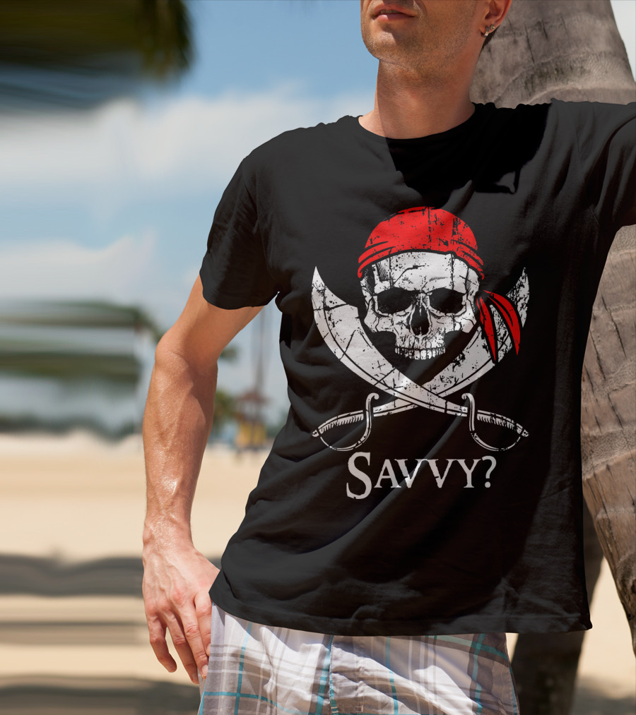 Savvy Pirate Skull And Crossbones With Red Bandana And Swords T-Shirt