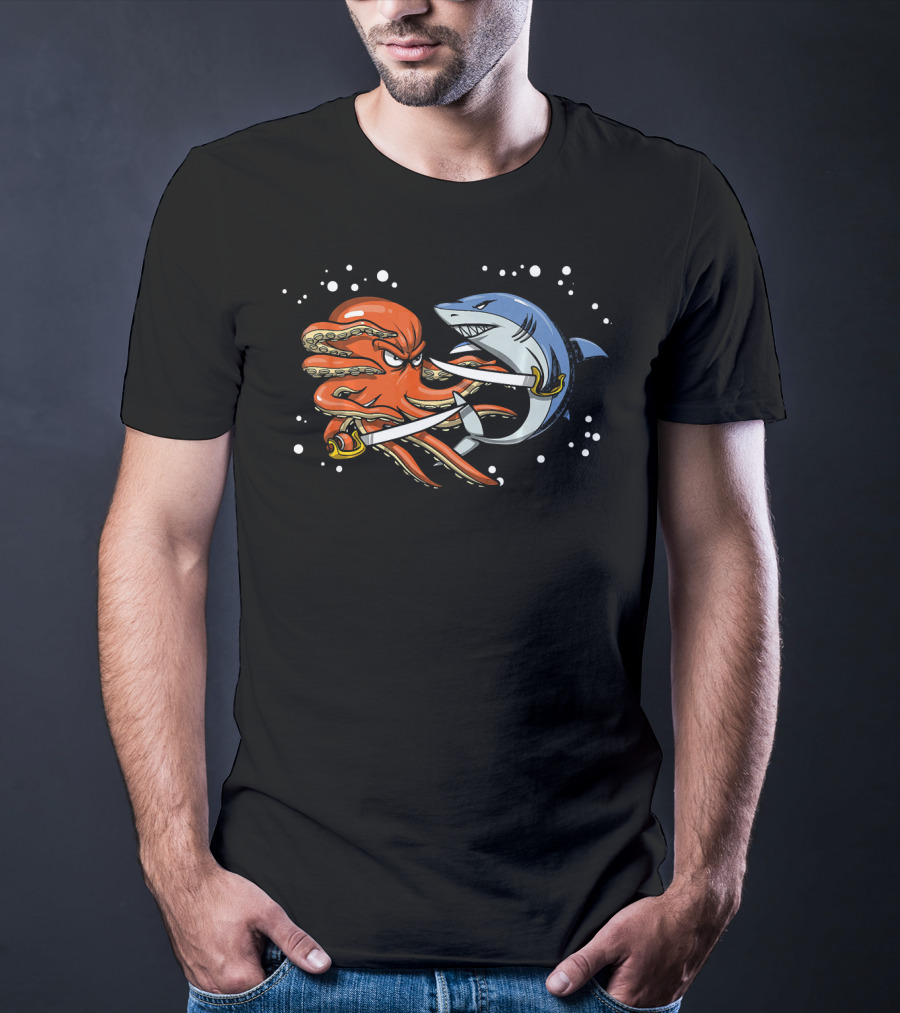Shark Pirate Vs. Octopus Sailor Captain Sword Battle T-Shirt