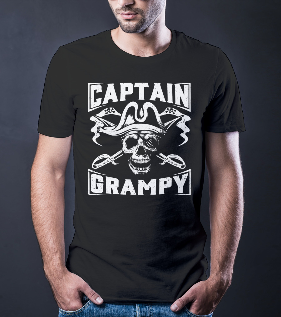 Captain Grampy Pirate Skull And Crossed Swords Motif T-Shirt