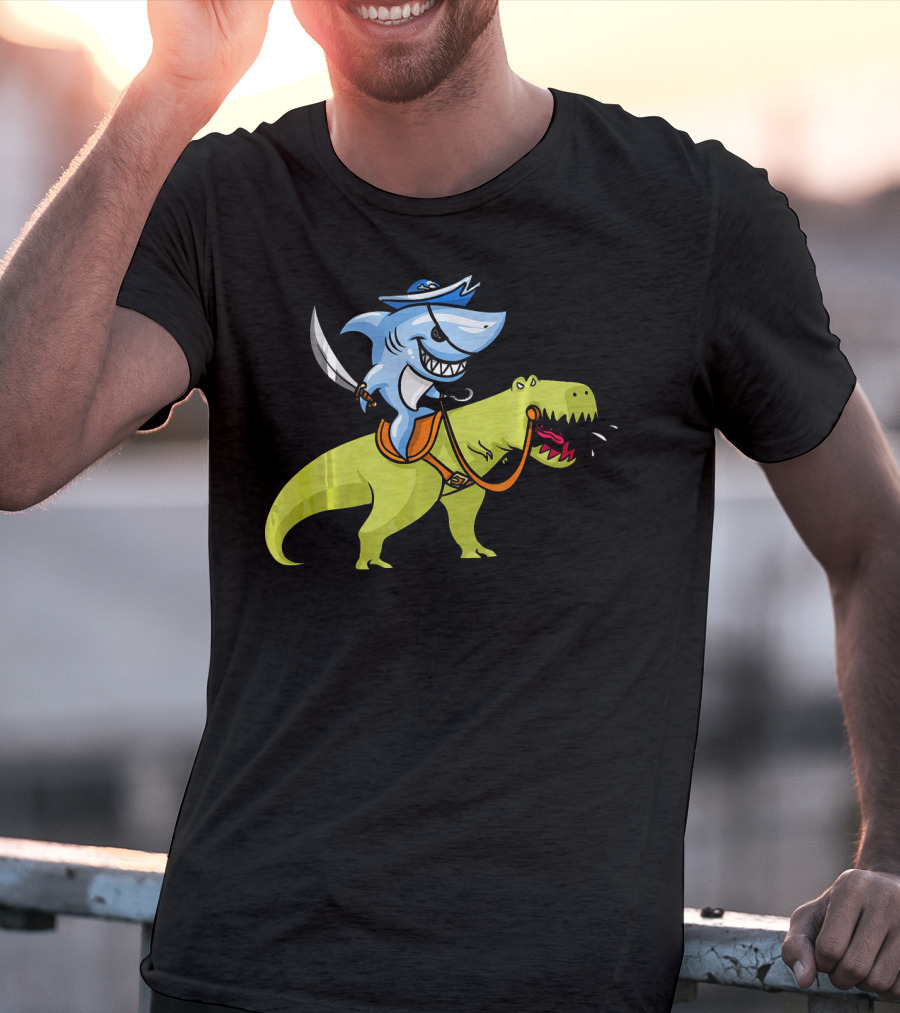 Shark Pirate Riding T-Rex Dinosaur Fun Adventure T-Shirt
