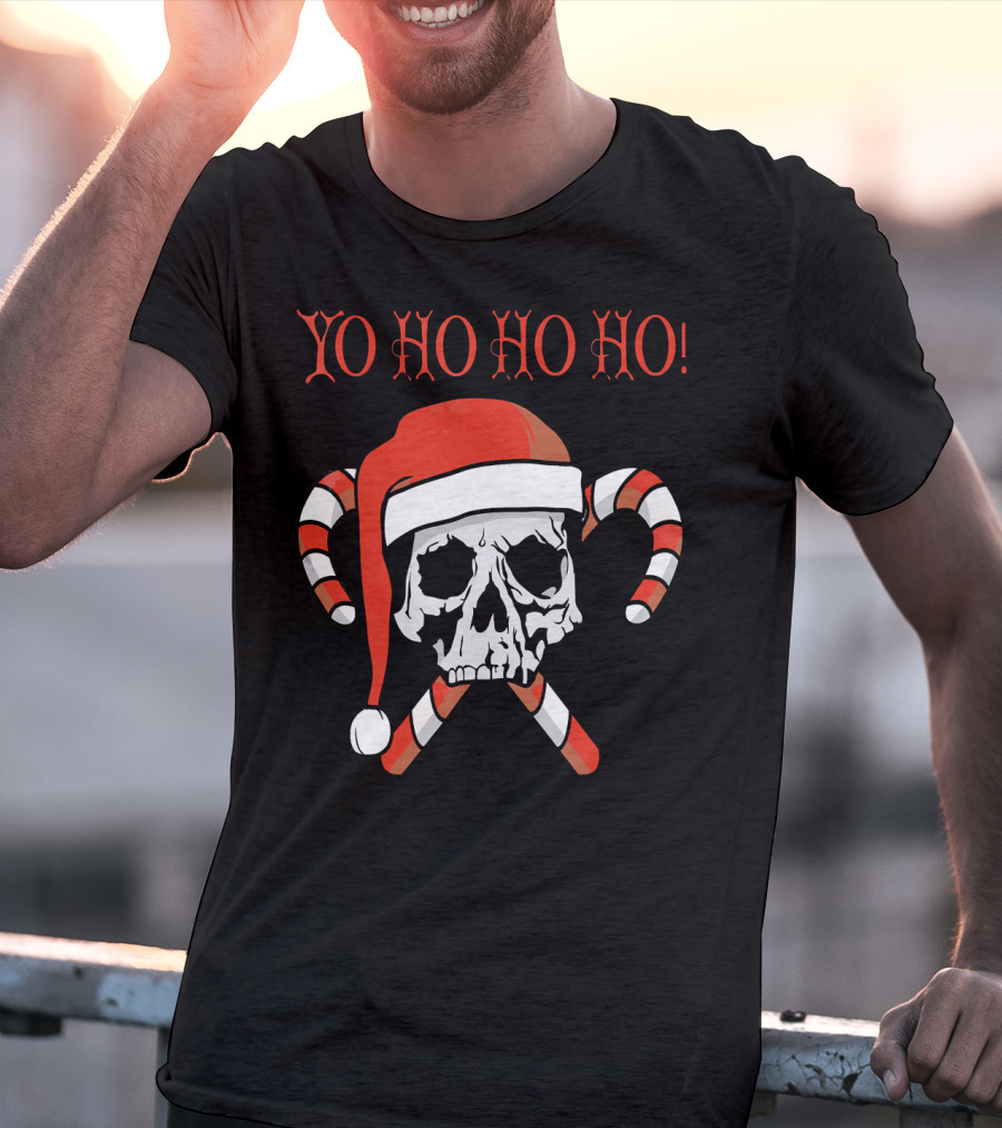 Yo Ho Ho Ho Christmas Pirate Santa Skull With Candy Canes T-Shirt