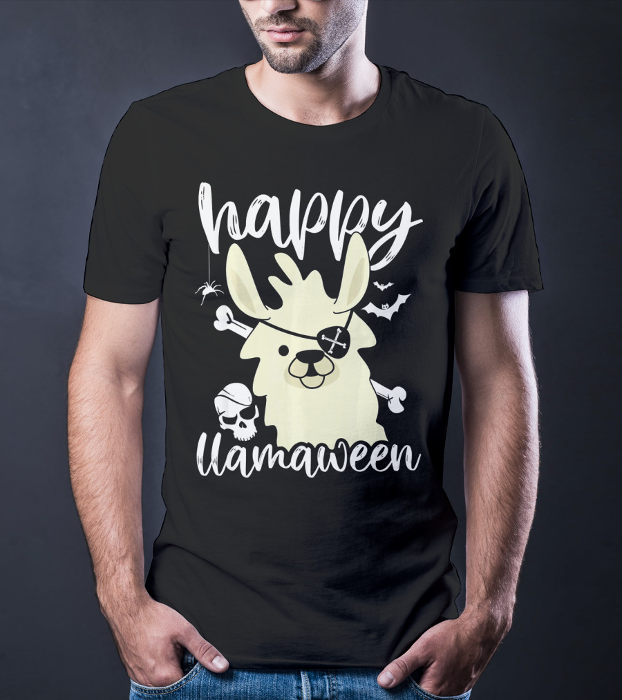 Happy Llamaween Llama Pirate Bats Skull T-Shirt