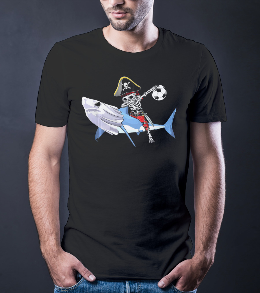 Jolly Roger Pirate Skeleton Dab On Shark Holding Soccer Ball T-Shirt