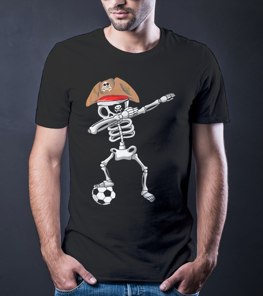 Skull Soccer Pirate Skeleton Dabbing With Eye Patch And Hat T-Shirt