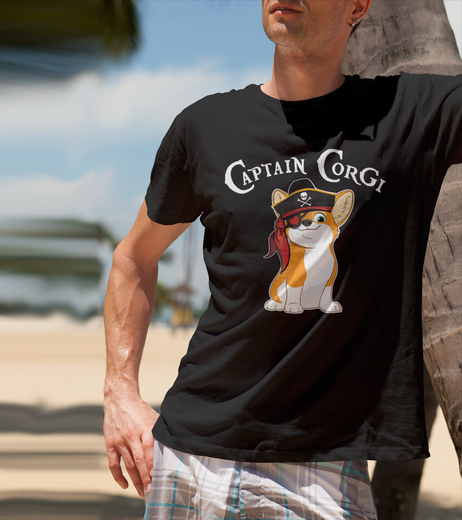 Captain Corgi Pirate Dog With Eyepatch And Skull Hat T-Shirt