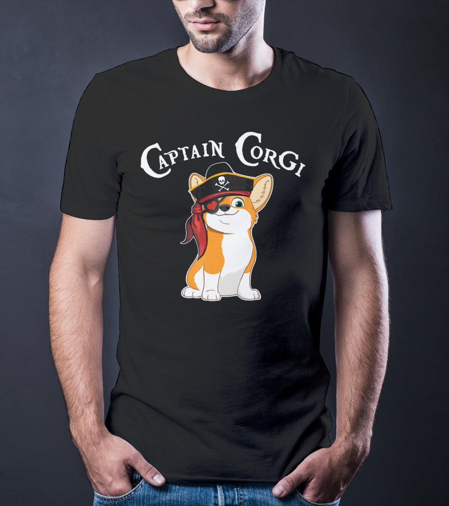 Captain Corgi Pirate Dog With Eyepatch And Skull Hat T-Shirt
