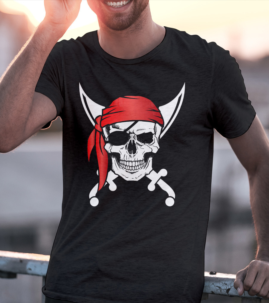 Pirate Skull Red Bandana Crossed Knives Iconic T-Shirt