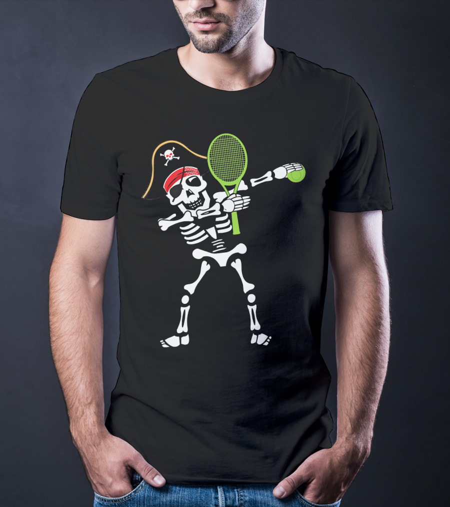 Tennis Dabbing Skeleton With Pirate Hat And Racket T-Shirt