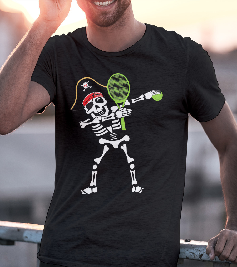 Tennis Dabbing Skeleton With Pirate Hat And Racket T-Shirt