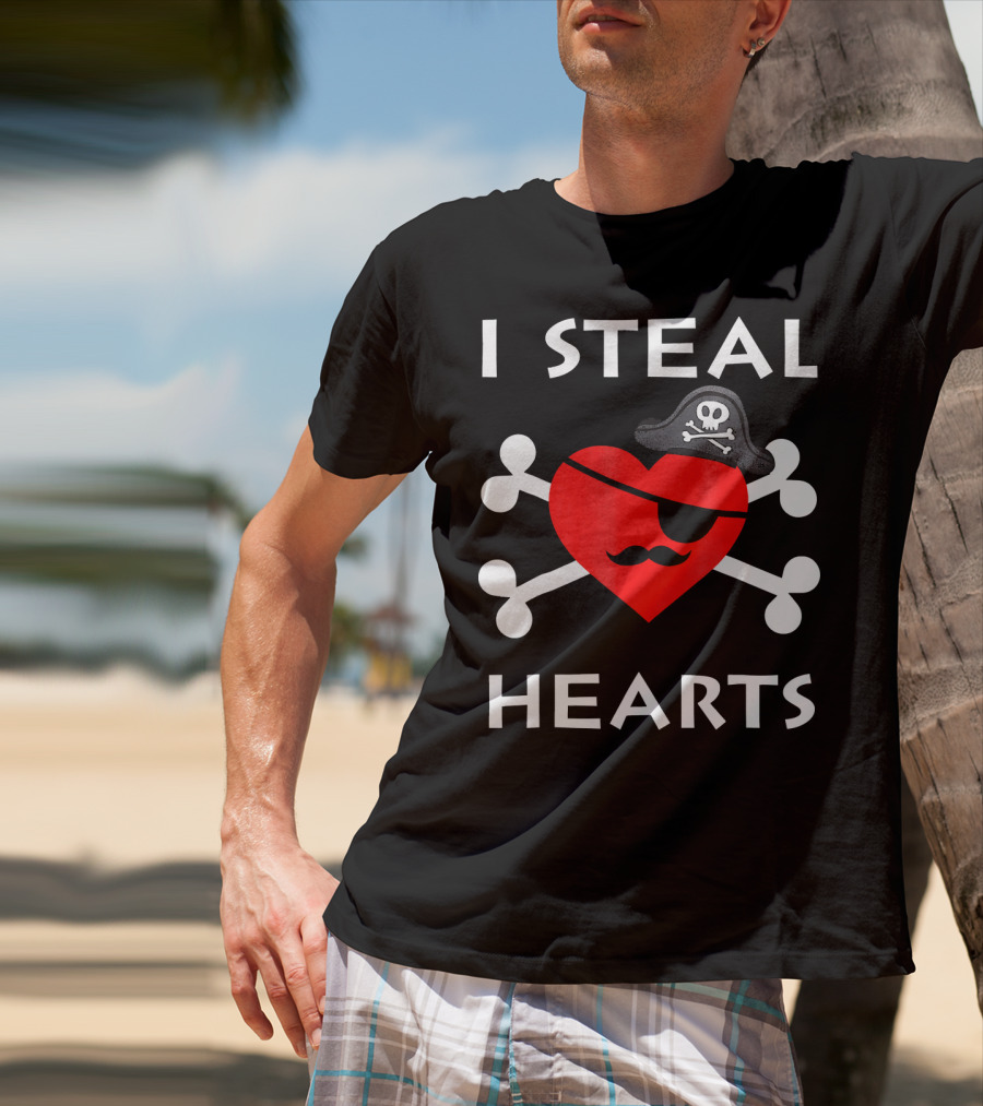 I Steal Hearts Valentine Day Pirate Eyepatch Skull Crossbones T-Shirt