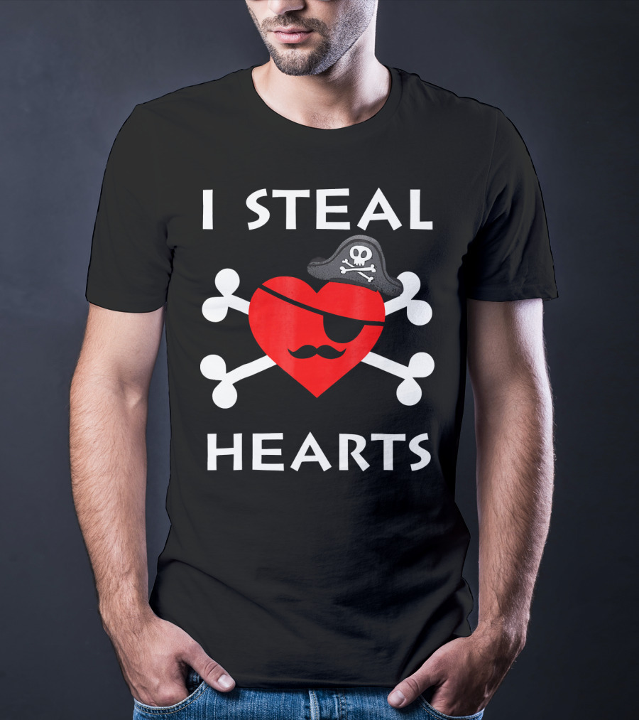 I Steal Hearts Valentine Day Pirate Eyepatch Skull Crossbones T-Shirt