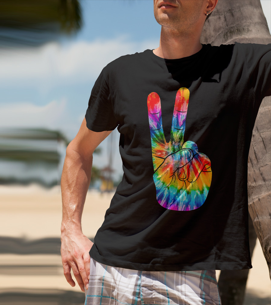 Tie Dye Peace Sign Hand V Victory Love Rainbow T-Shirt