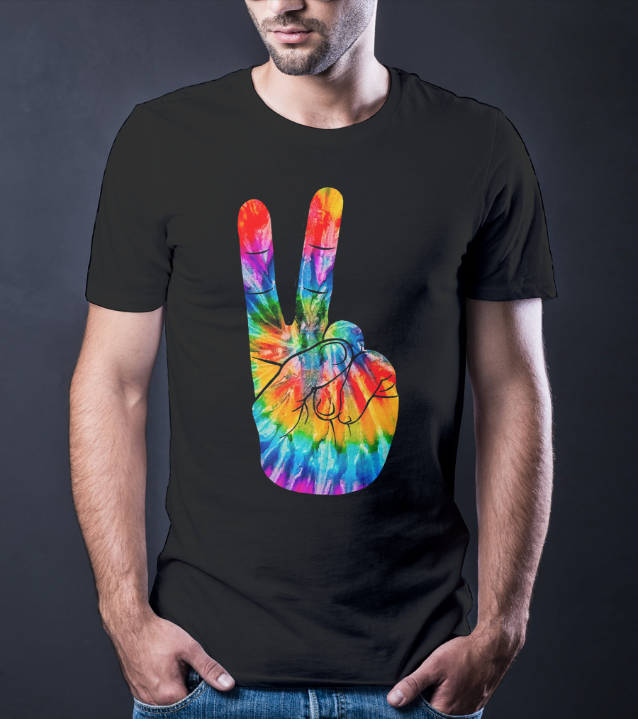 Tie Dye Peace Sign Hand V Victory Love Rainbow T-Shirt