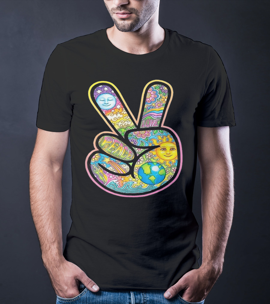Peace Love Trippy Sun And Moon Psychedelic Earth Groovy Harmony T-Shirt