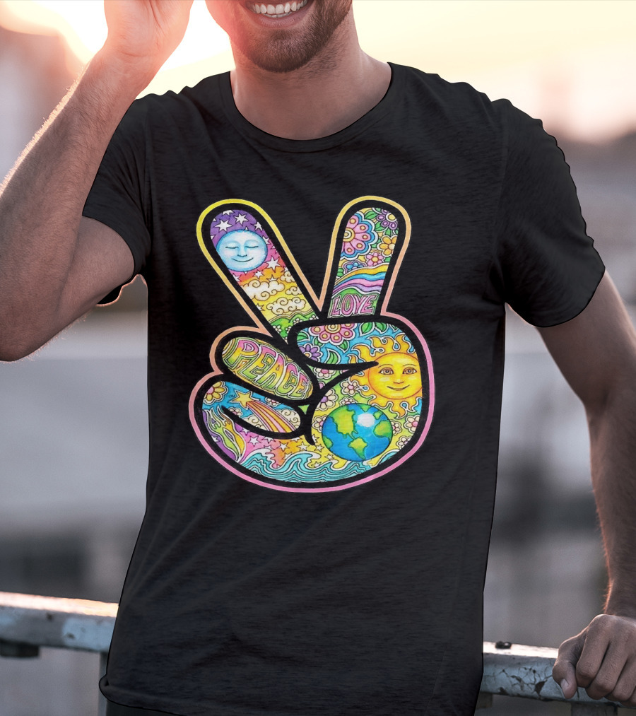 Peace Love Trippy Sun And Moon Psychedelic Earth Groovy Harmony T-Shirt