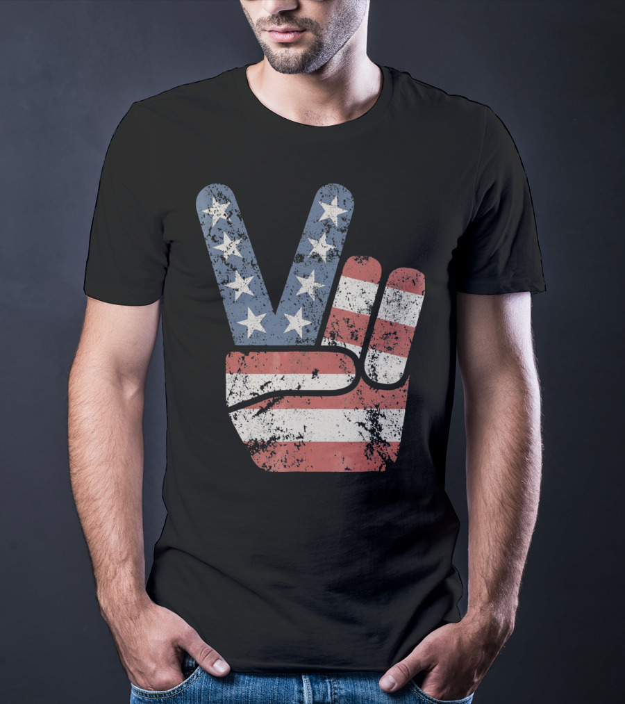 USA Big Peace Hand Sign American Flag T-Shirt