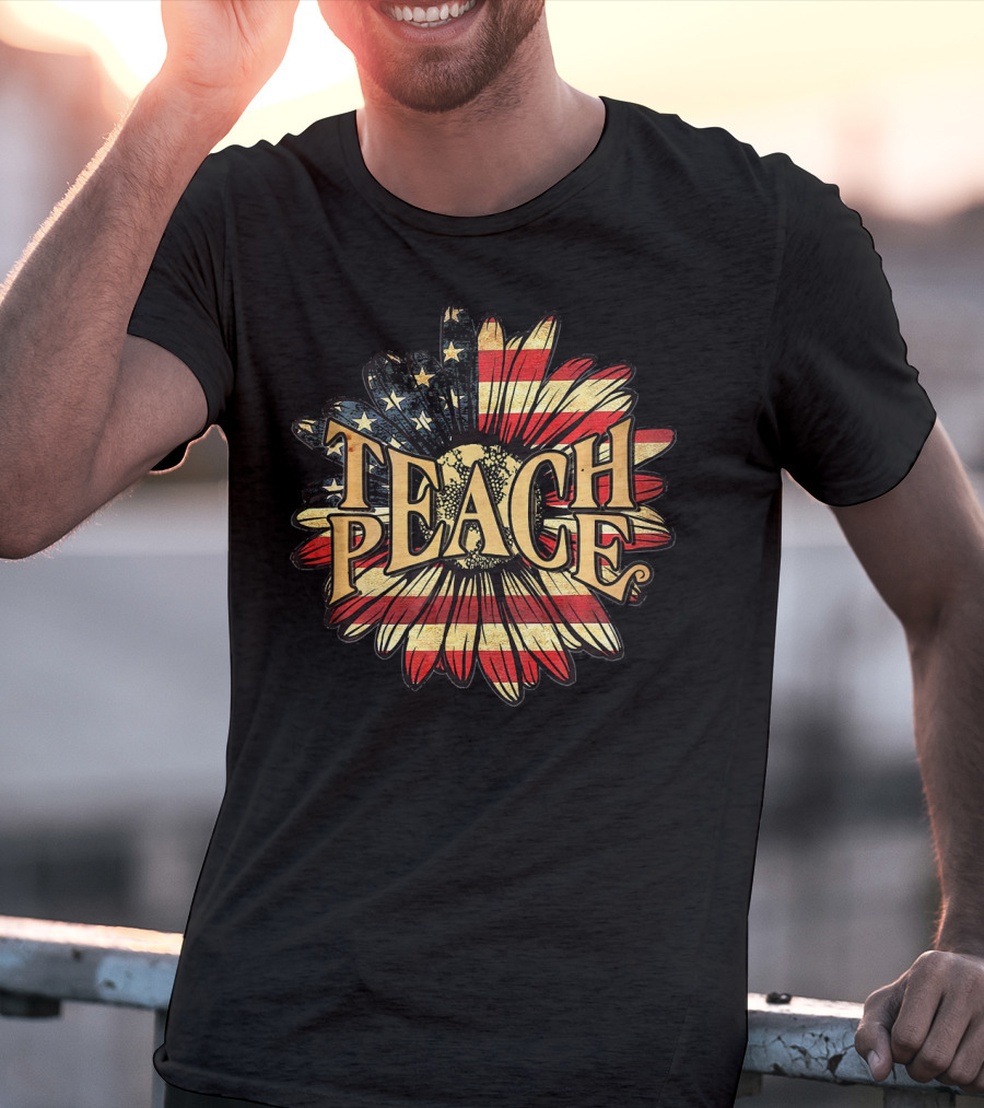 Teach Peace American Flag Flower Blossoms T-Shirt