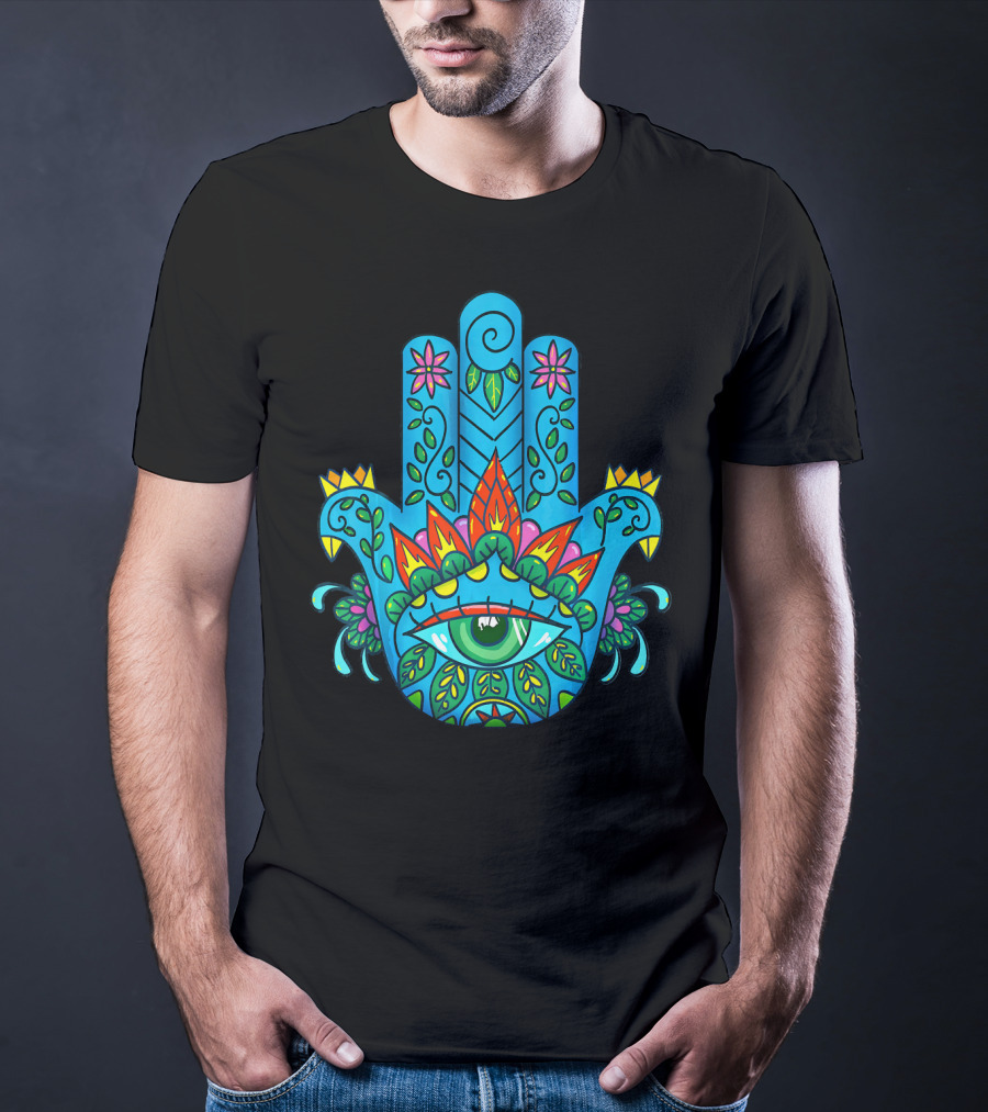 Hamsa Hand Spiritual Protection With Colorful Eye And Floral T-Shirt