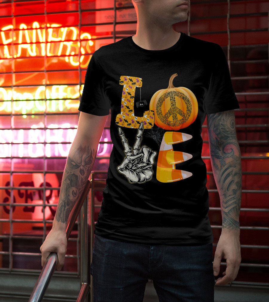 LOVE Halloween Peace Pumpkin Skeleton V Candy Corn T-Shirt