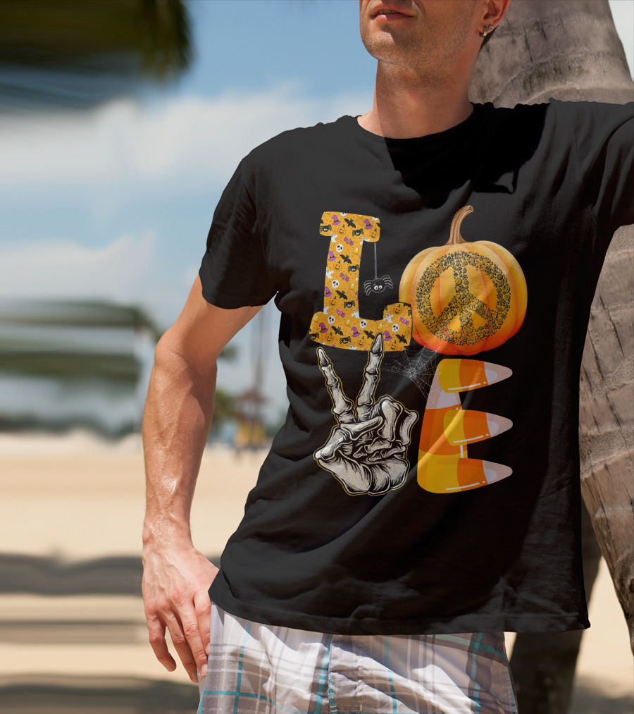 LOVE Halloween Peace Pumpkin Skeleton V Candy Corn T-Shirt
