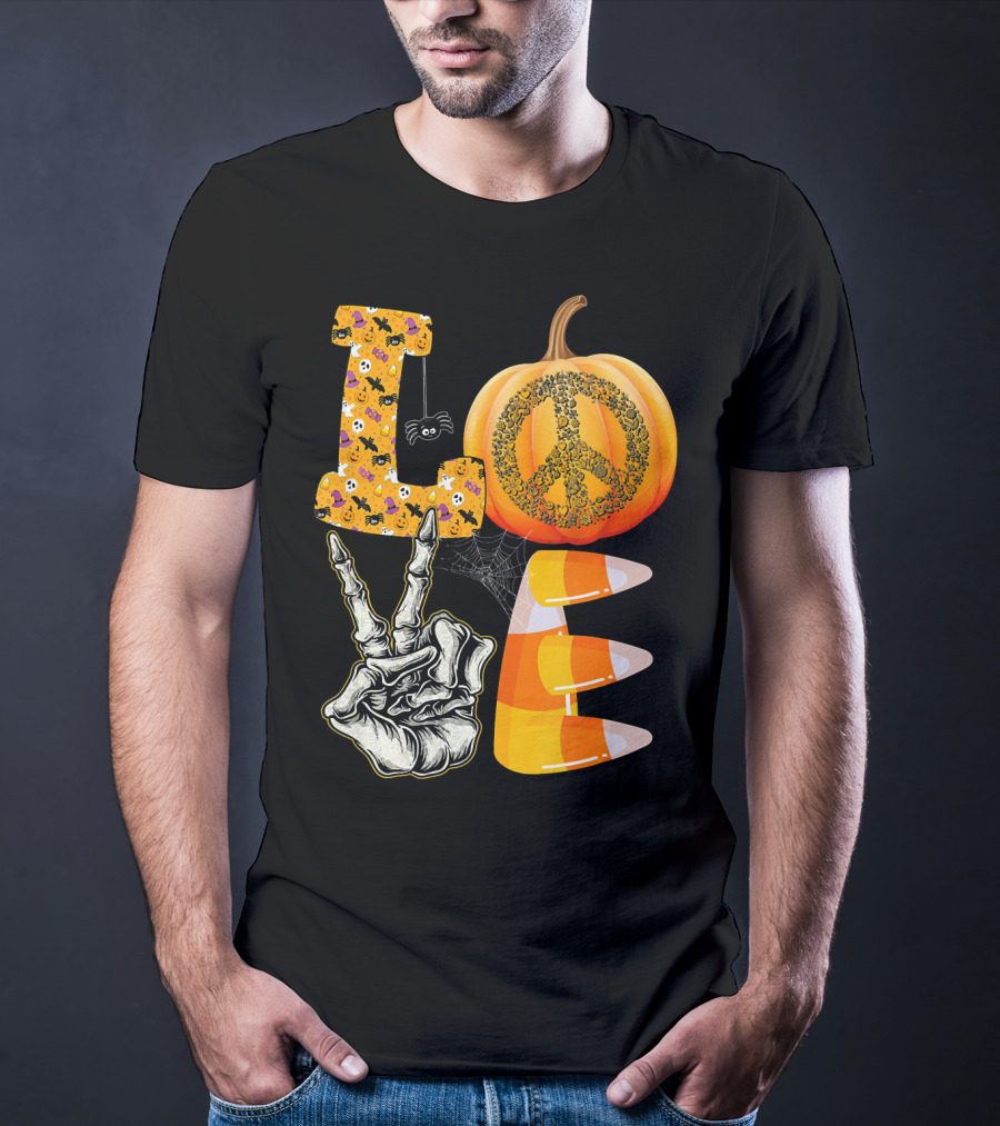 LOVE Halloween Peace Pumpkin Skeleton V Candy Corn T-Shirt