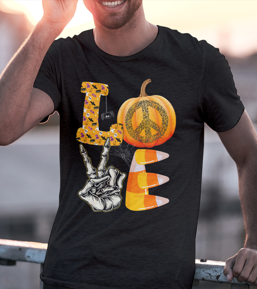 LOVE Halloween Peace Pumpkin Skeleton V Candy Corn T-Shirt