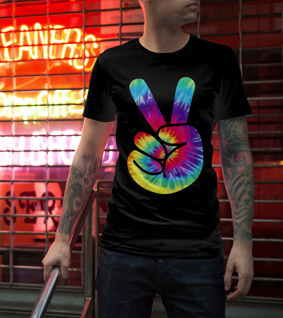 Groovy Tie Dye Peace Sign Two Finger Gesture T-Shirt
