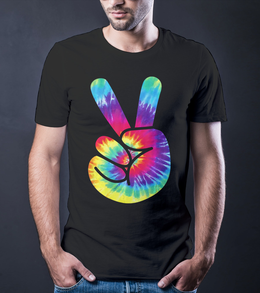 Groovy Tie Dye Peace Sign Two Finger Gesture T-Shirt