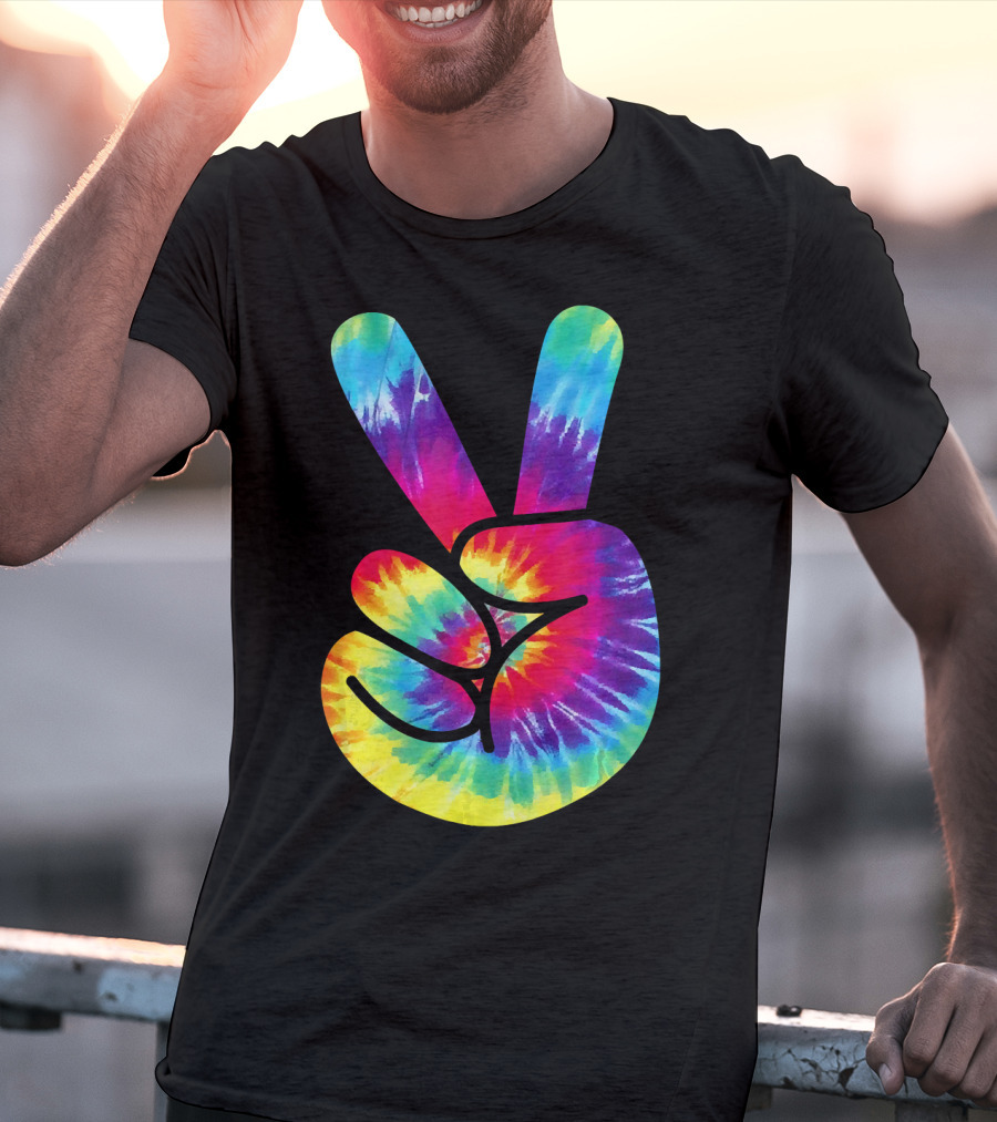Groovy Tie Dye Peace Sign Two Finger Gesture T-Shirt