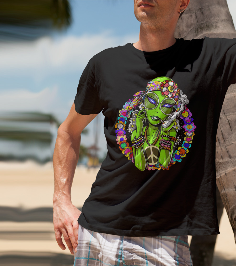Psychedelic Hippie Alien Smoking With Peace Symbol Surrounded By Vibrant Flowers T-Shirt