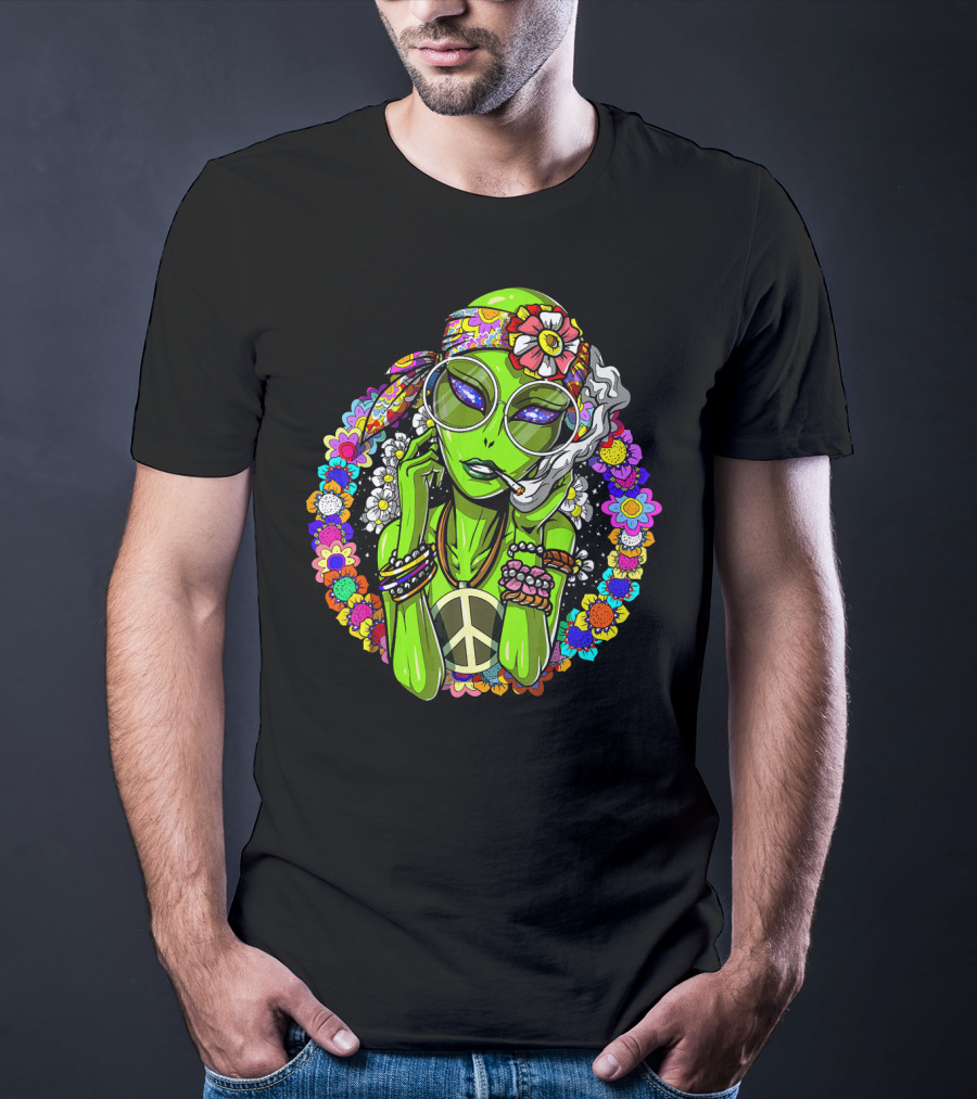 Psychedelic Hippie Alien Smoking With Peace Symbol Surrounded By Vibrant Flowers T-Shirt