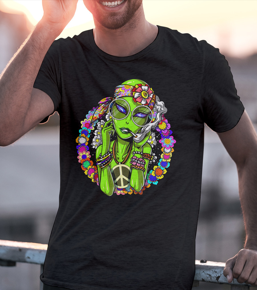 Psychedelic Hippie Alien Smoking With Peace Symbol Surrounded By Vibrant Flowers T-Shirt