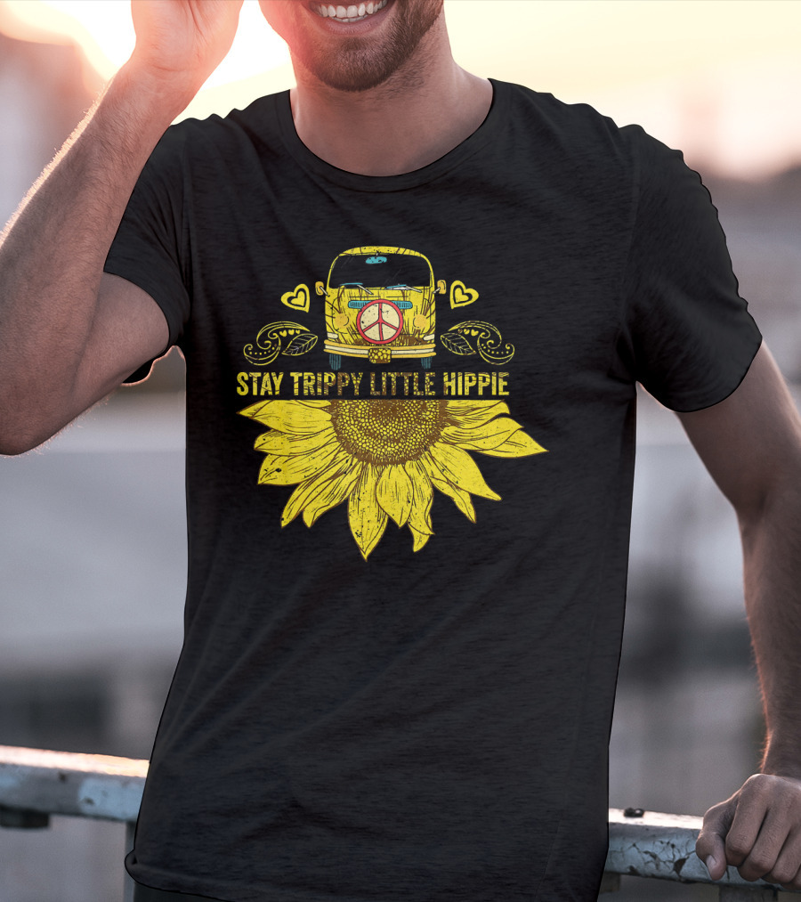 Stay Trippy Little Hippie Peace Sign Bus With Sunflower And Hearts T-Shirt