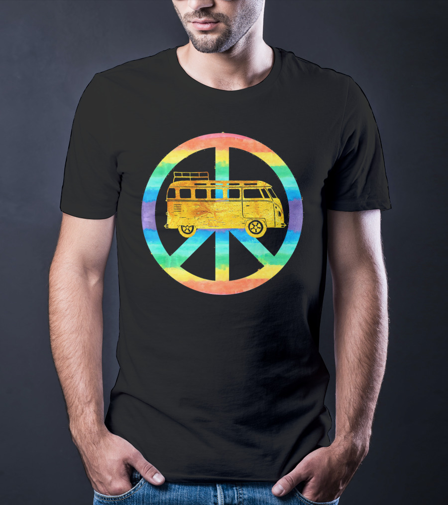 Vintage Hippie Bus Rainbow Van Peace Sign T-Shirt