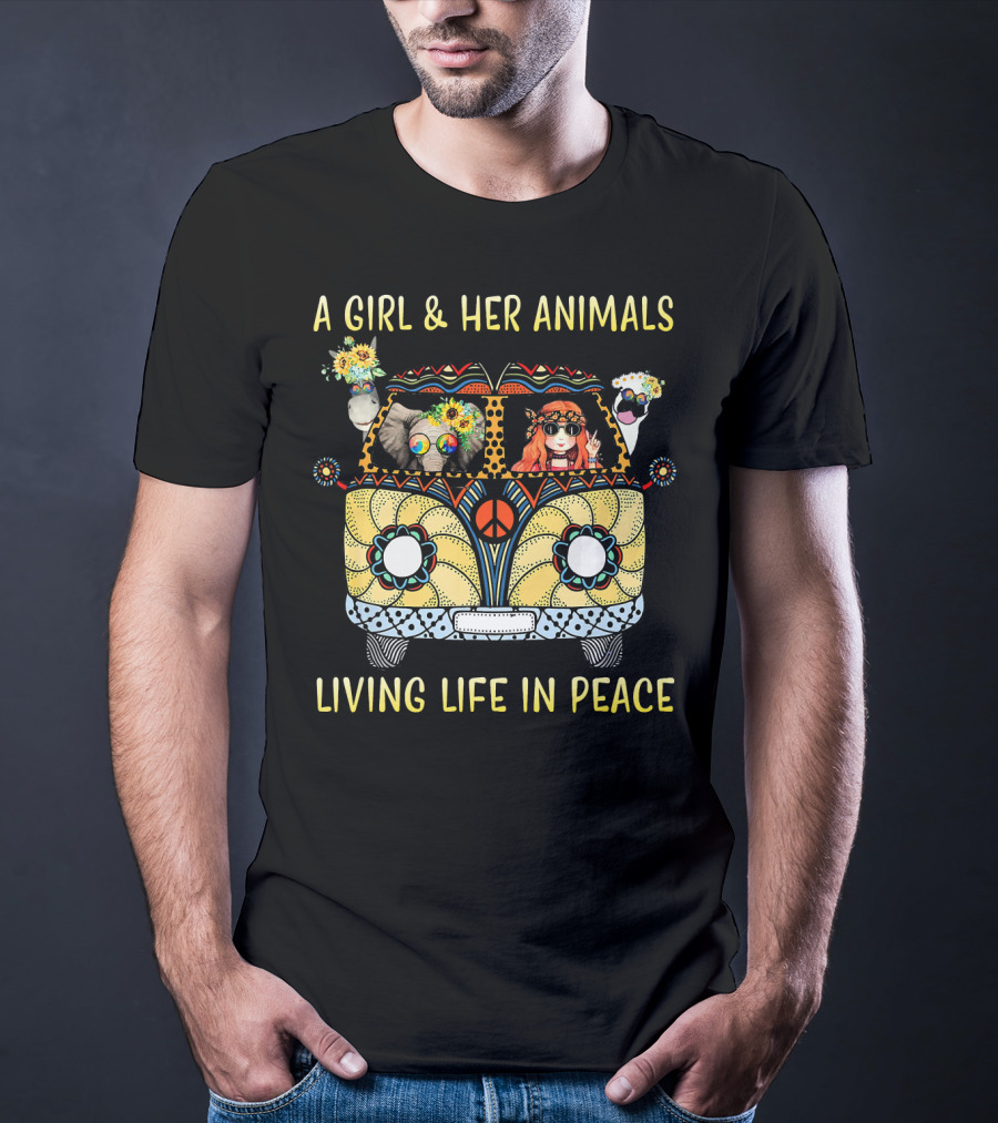 A Girl And Her Animals In A Hippie Van Living Life In Peace T-Shirt
