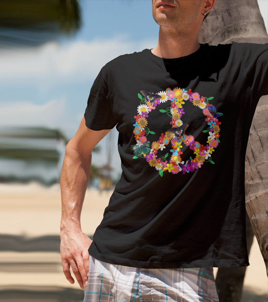 Fluttering Spring Flowers Peace Sign T-Shirt