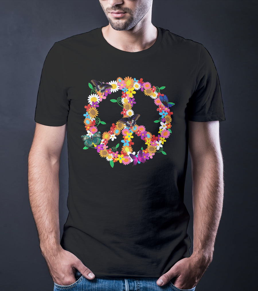 Fluttering Spring Flowers Peace Sign T-Shirt