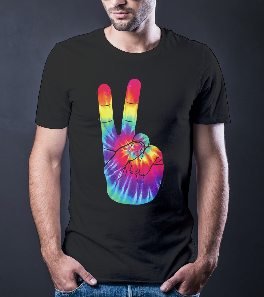 Tie Dye Peace Sign Hand Gesture Rainbow Victory T-Shirt