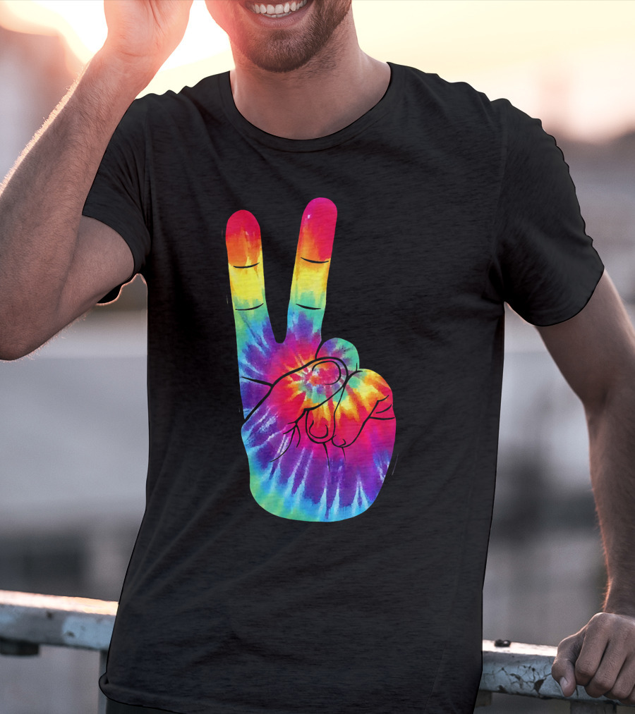 Tie Dye Peace Sign Hand Gesture Rainbow Victory T-Shirt