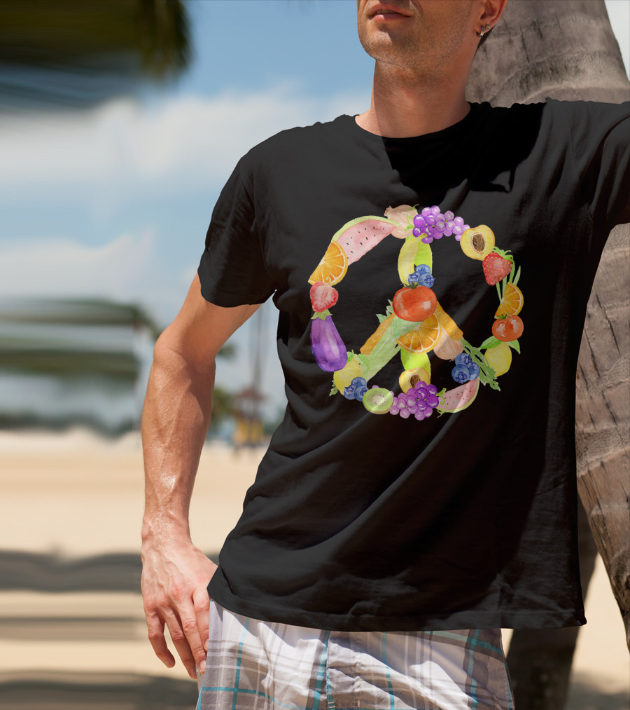 Vegan Fruits Vegetables Peace Sign Watermelon Orange Strawberry Eggplant Banana Kiwi T-Shirt