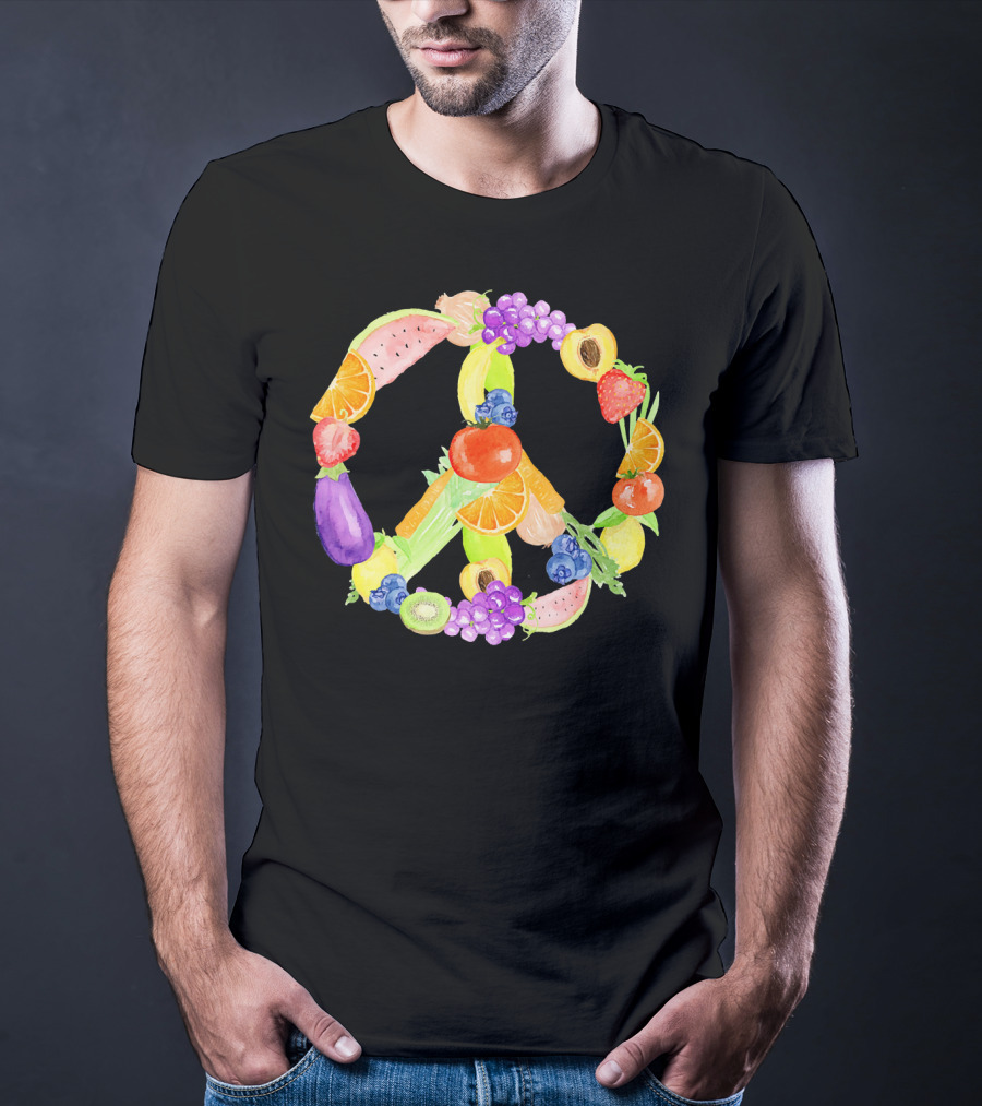 Vegan Fruits Vegetables Peace Sign Watermelon Orange Strawberry Eggplant Banana Kiwi T-Shirt